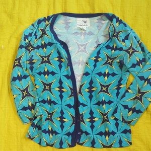 Turquoise Navy And Yellow Geometric Patterned Cardigan